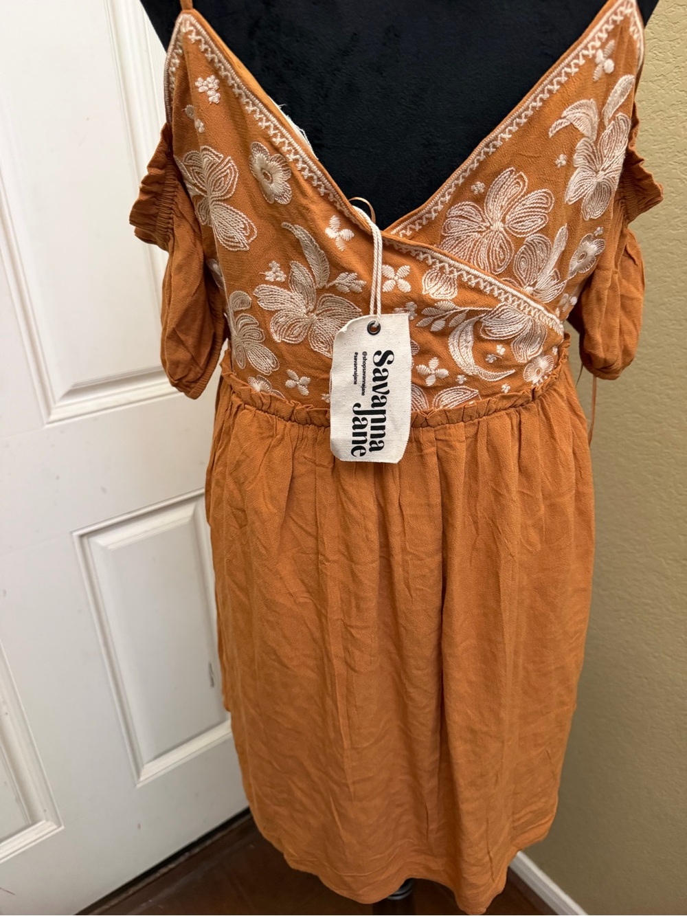 Savanna Jane Rust Orange Cold Shoulder Embroidered Dress